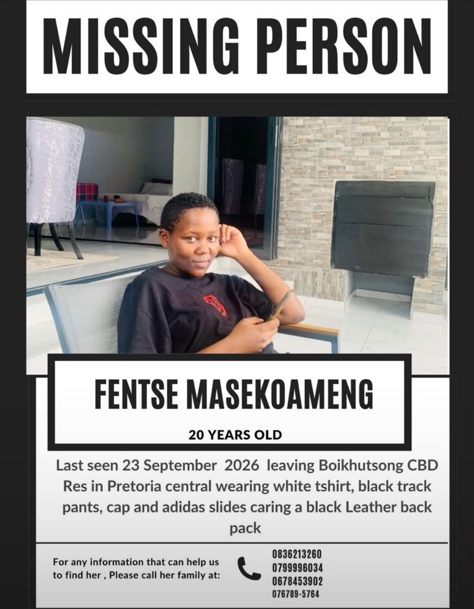 KabeloMohlah02's tweet photo. Please help us find her,Last seen 23 September 2026 leaving Boikhutsong CBD Res in Pretoria central wearing white tshirt, black track pants, cap and adidas slides caring a black Leather bag pack.🙏 https://t.co/F5uoZBtfSI