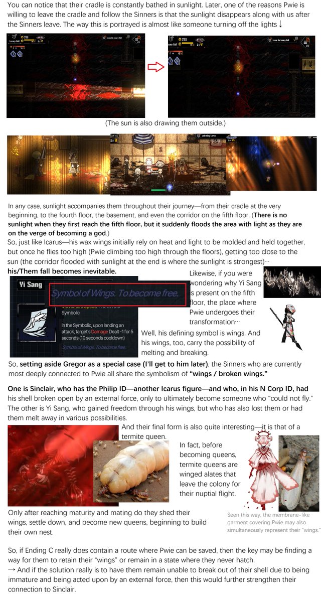 aolinyijiang's tweet photo. Many people may already know that Mirror World Sinclair is Pwie…But why? What connection is there between them? And why did the fifth floor choose Yi Sang in addition to Gregor? 
So, this is an analysis of the questions above.  

In short: they are all children of Icarus. https://t.co/J2ir2rdIxa
