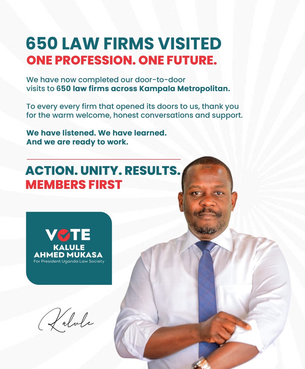 KaluleAhmedM's tweet photo. 650 law firms visited across Kampala Metropolitan. Grateful for every conversation, every welcome and every voice heard. We keep moving. https://t.co/6AODlCXe1L