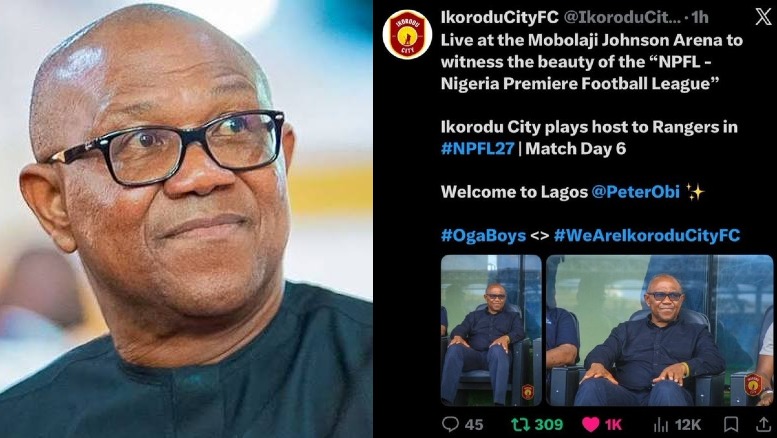 ParallelFacts's tweet photo. NPFL Club Ikorodu City Deletes Tweet Welcoming Peter Obi to Mobolaji Johnson Arena in Lagos to Grace Top-Flight Game Against Enugu Rangers https://t.co/tNWz3BDPa0 https://t.co/BAnaeXjMAJ