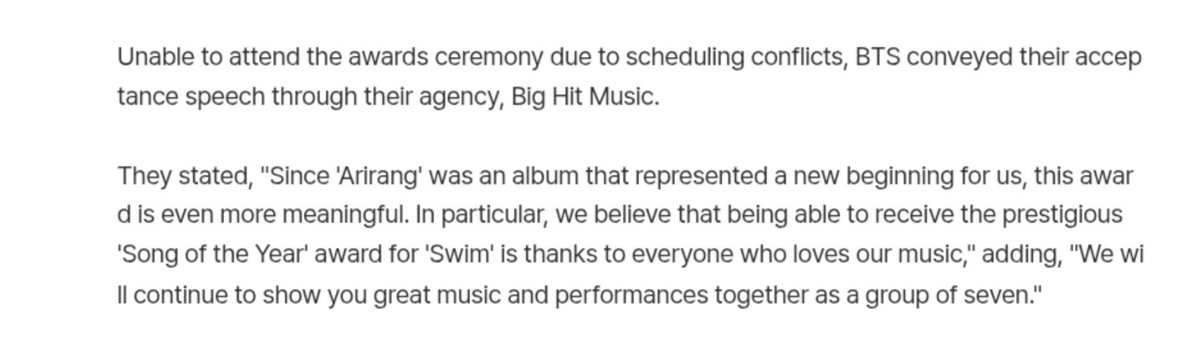 myyouwithjk's tweet photo. BTS via BHM :
"Since 'Arirang' was an album that represented a new beginning for us, this award is even more meaningful. In particular, we believe that being able to receive the prestigious 'Song of the Year' award for 'Swim' is thanks to everyone who loves our music," adding, "We will continue to show you great music and performances together as a group of seven." 🥹💘