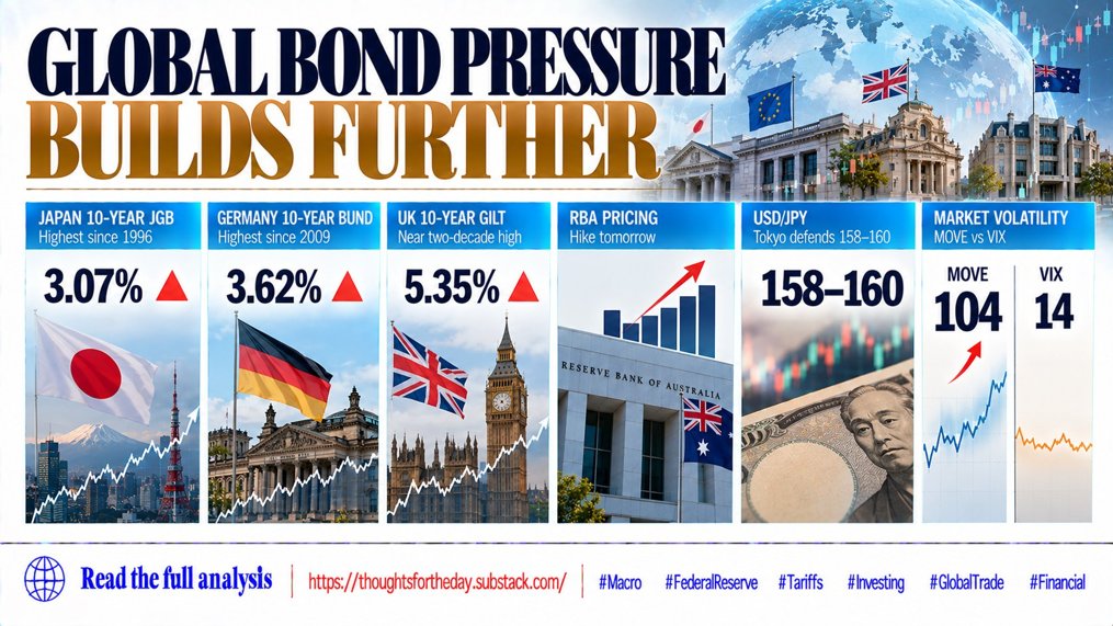 GryphonIAB's tweet photo. The #duration sell-off is synchronised: the 10-year #JGB at 3.07% is at its highest since 1996, the #Bund at 3.62% its highest since 2009 and the 10-year #gilt at 5.35% near a two-decade high, while the #RBA is priced to #hike tomorrow. #Hawkish #BoJ minutes keep the Japanese #curve under pressure as Tokyo, now with explicit #USA backing, defends the 158–160 zone in #USD/#JPY. A coordinated intervention would force carry unwinds into a market where #Treasury #volatility has jumped to 104 on the #MOVE index while the #VIX sits at 14, the most mispriced relationship across assets this morning.
Thoughts of the day, Daily Market News over the last 24 hours.
Read more, for the full analysis
Thoughts for the day NEWS
https://t.co/0N43AP4EIJ
Review our quarterly earnings updates page.
https://t.co/dKwXKoXwsy
#FederalReserve #Tariffs #Investing #GlobalTrade #FinancialMarkets
Follow me on X, search for @GryphonIAB