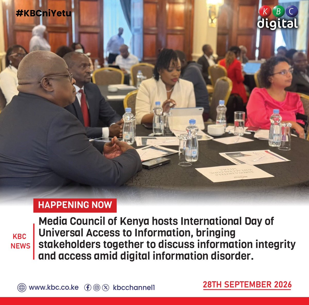 KBCChannel1's tweet photo. HAPPENING NOW 

Media Council of Kenya hosts International Day of Universal Access to Information, bringing stakeholders together to discuss information integrity and access amid digital information disorder.

#KBCniYetu ^KG https://t.co/VjNHvjfWaj