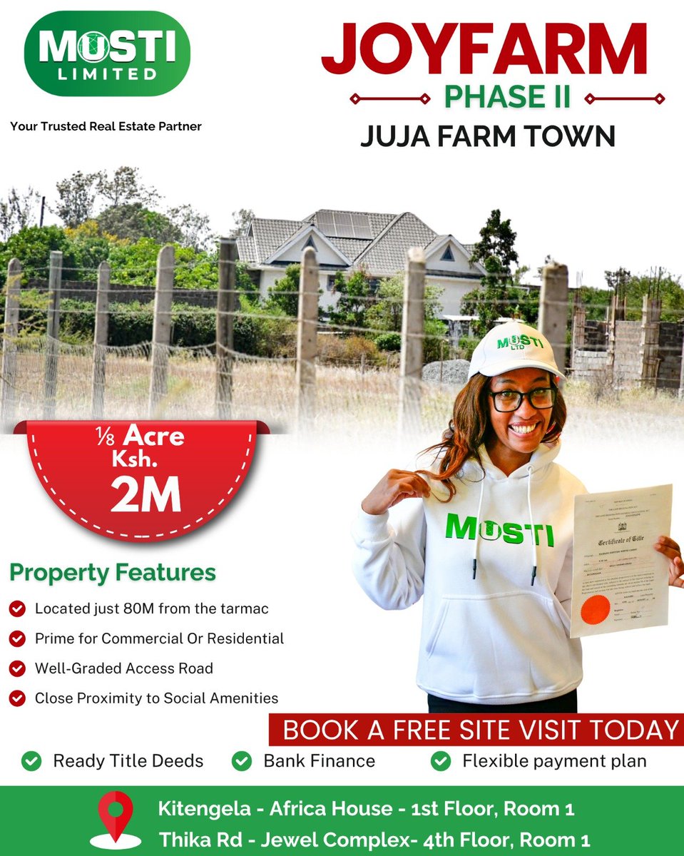 Alpha_propertis's tweet photo. JoyFarm Phase II – Juja Farm Town
1/8 acre at KSh 2M, just 80M from the tarmac. Ideal for residential or commercial development, with ready title deeds and flexible payment plans

📞 0727 692 679

#MustiLimited #JujaFarm #LandInvestmentKenya #RealEstateKenya #OwnLandKenya #kenya https://t.co/uE9YzhJCvw