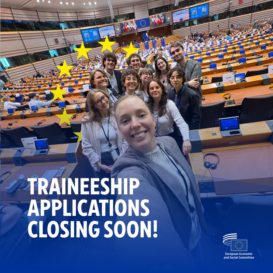 EU_EESC's tweet photo. Applications for our traineeship are closing soon! 📢

We bring the voice of #EUCivilSociety to EU decision-making. Our traineeships are: 
🏢 based in Brussels;
📅 5 months long, starting February 16th 2027; 
✅ paid. 
 
Apply before 30 September 2026!

👉 https://t.co/NrwoIU5boZ https://t.co/1X0nk48XIN