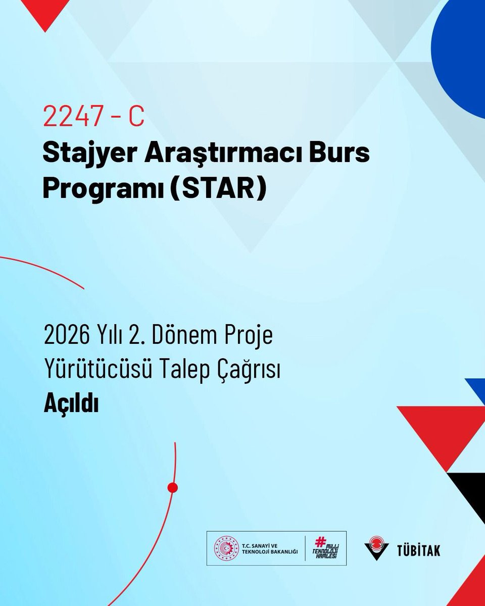 Tubitak's tweet photo. TÜBİTAK 2247 C Stajyer Araştırmacı Burs Programı (STAR) 2026 Yılı 2. Dönem Proje Yürütücüsü Talep Çağrısı Açıldı 📢

Çağrı kapsamında bilimsel projelerde görev almak isteyen lisans öğrencisi ve öğretmenlerin araştırma yapmaya teşvik edilmeleri amaçlanıyor. 👩‍🏫👨‍🎓

Son Başvuru Tarihi:
📅 12 Ekim 2026
⏰ 17:30

📌 @TubitakBIDEB 

Detaylar: 👇
https://t.co/sIBT9NoAXw