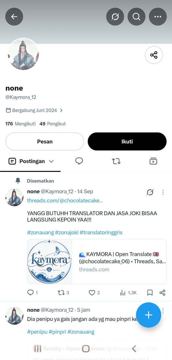 alysas2z's tweet photo. Waduh ini mah penipu teriak penipu namanya  @Kaymora_12 ujung ujungnya dia nawarin pinpri dari dia juga wkwkwkwk #zonauang https://t.co/xrccsk1pSA