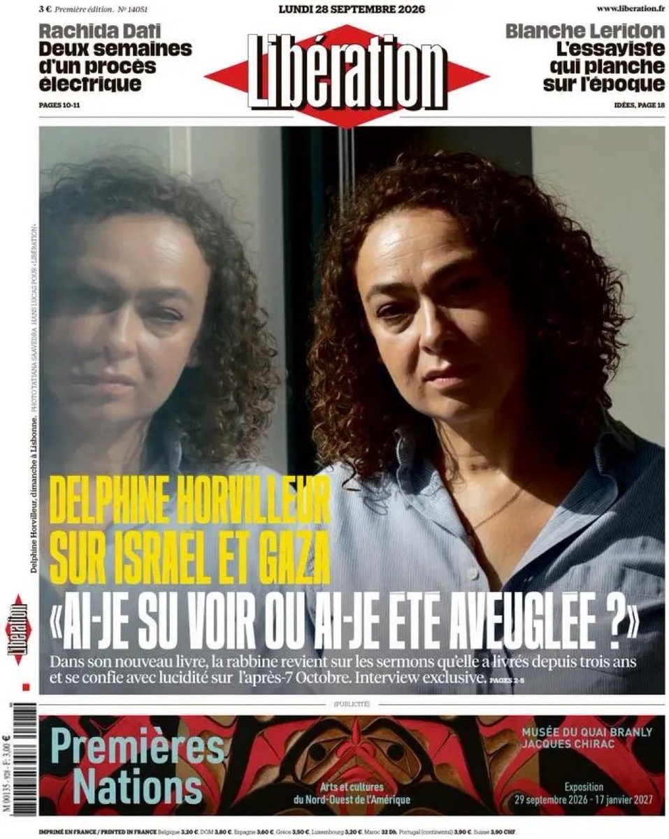 CaronAymericoff's tweet photo. Tandis que l’ampleur des crimes israéliens à Gaza n’est plus dissimulable, les médias mainstream continuent leur opération de nettoyage des preuves: invisibilisation des voix qui ont dénoncé le génocide depuis le début, et valorisation des voix qui l’ont soutenu et qui font mine aujourd’hui d’être opposées à Netanyhaou.
Cette une est indécente: Horvilleur est un soutien de la colonisation, de l’apartheid, du génocide. D’ailleurs elle accuse le film Naza de « mensonges ».
Et @libe ose encore nous la présenter comme une voix de la sagesse et de la paix. 
Honteux.
