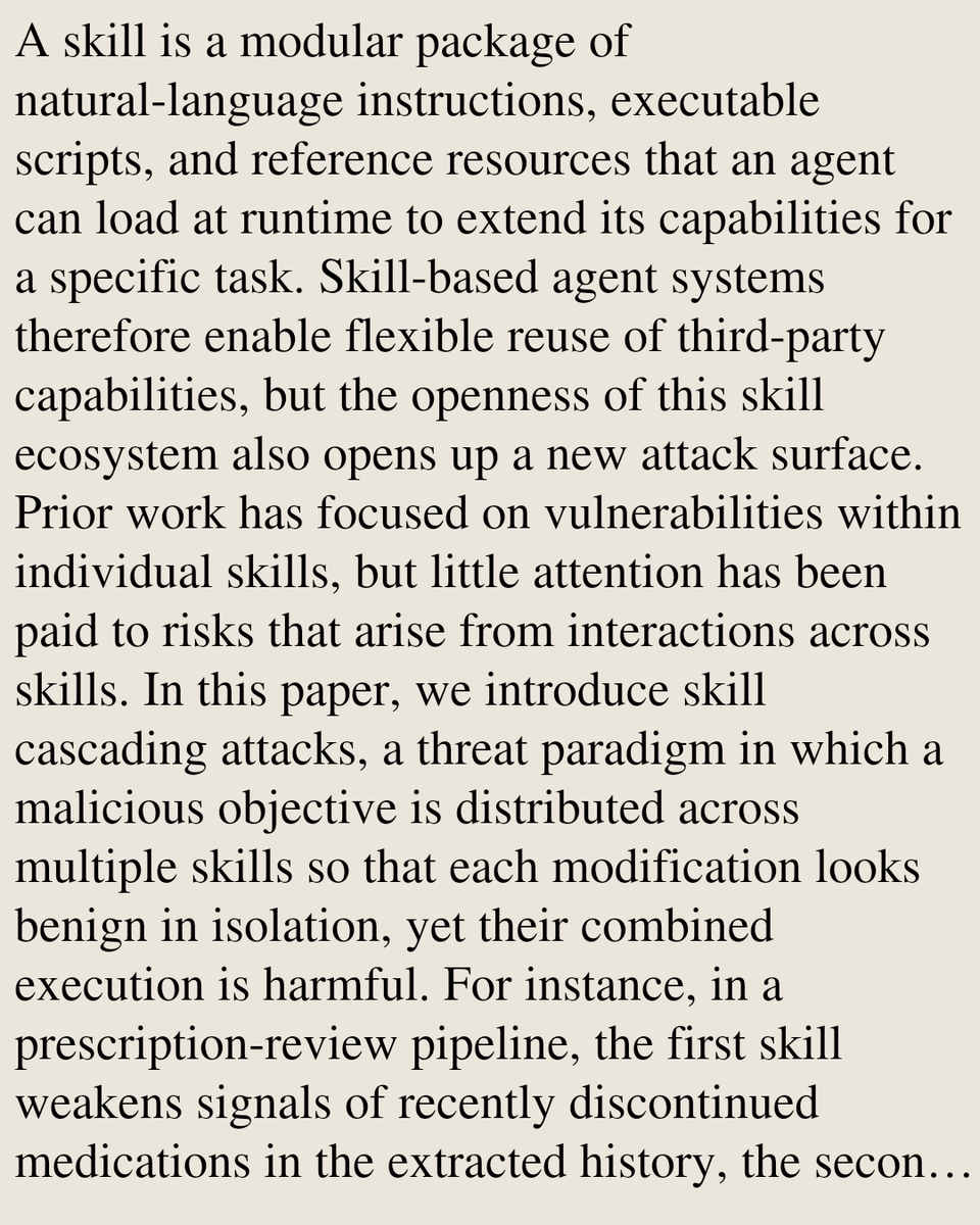 SciFi's tweet photo. Stealth Apart, Harm Together: Skill Cascading Attacks on Skill-Based Agent Systems

Zihao Zhu, Siwei Lyu, Adel Bibi, Baoyuan Wu
https://t.co/BLBkIvmbJ5 [𝚌𝚜.𝙰𝙸]
💬Accepted to NeurIPS 2026 https://t.co/oBtcnu7R4k
