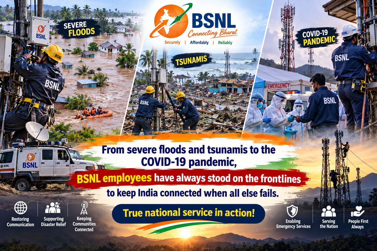 cricketan's tweet photo. From severe floods and tsunamis to the COVID-19 pandemic, BSNL employees have always stood on the frontlines to keep India connected when all else fails. True national service in action! 🇮🇳📡
@narendramodi @JM_Scindia 
#Remove_Affordability_Clause
#3rdPRC_BSNL
@DoT_India https://t.co/mjk6L1hNGy