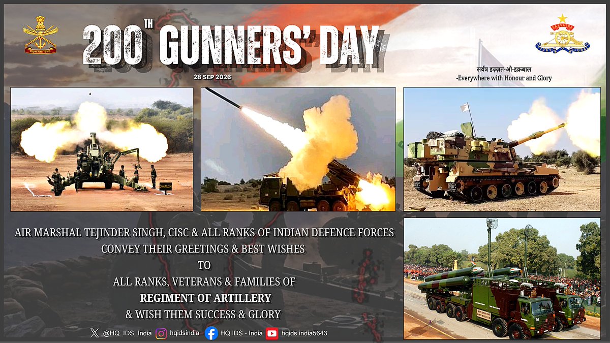 HQ_IDS_India's tweet photo. Air Marshal Tejinder Singh, #CISC and all personnel of the #IndianDefenceForces extend warm greetings to all ranks, veterans and families of the #RegimentofArtillery on 200th Gunners' Day.

We salute the professionalism, courage and indomitable spirit of the Gunners, whose firepower continues to strengthen the Nation’s defence.

#200thGunnersDay 

@DefenceMinIndia
@SethSanjayMP
@SpokespersonMoD
@MIB_India