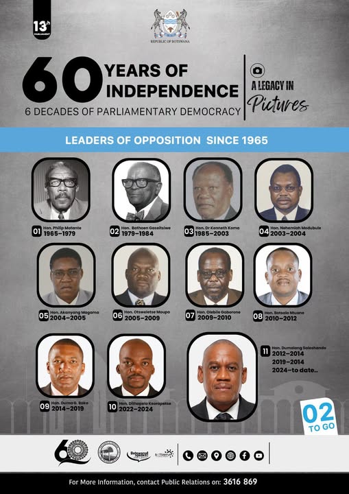 botswana_speaks's tweet photo. As we count down to Botswana’s 60th Independence Anniversary, we honour the Leaders of the Opposition since 1965 ; an important part of the story of parliamentary democracy. https://t.co/wA5YbJFGuD