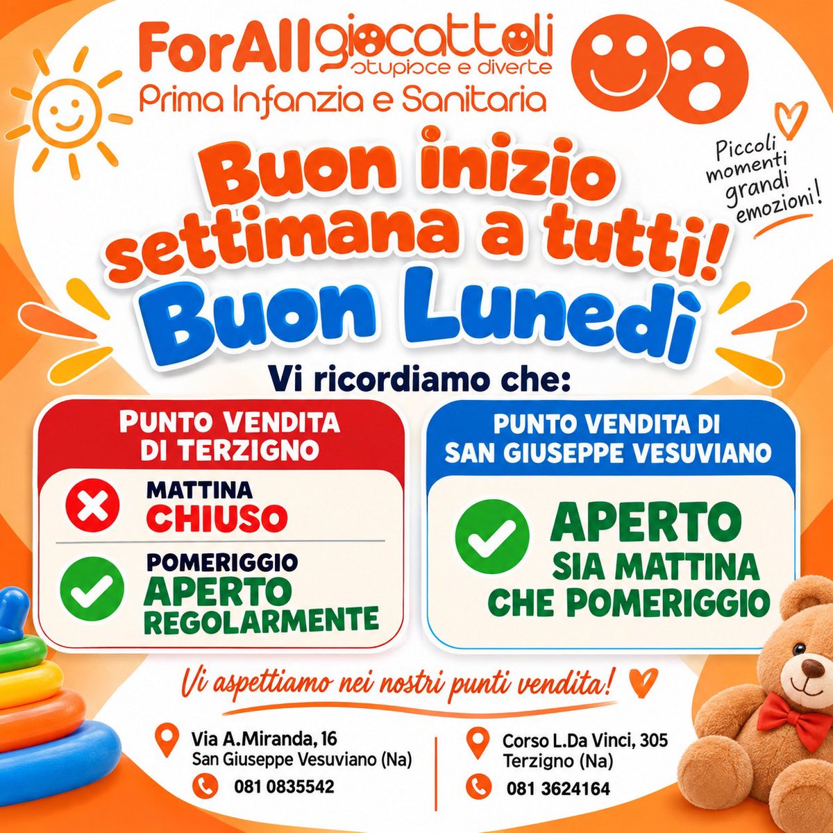 ForAllGiocattol's tweet photo. Buongiorno e buon inizio di lunedì e di settimana a tutti, vi ricordiamo che il punto vendita di Terzigno questa mattina resterà chiuso, aperto regolarmente oggi pomeriggio. Il punto vendita di San Giuseppe Vesuviano aperto regolarmente mattina e pomeriggio. https://t.co/QdlDKT1F4T