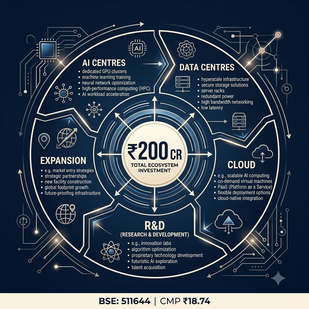 MedisonFlame32's tweet photo. 🇮🇳 Omega के ₹200 Cr AI fundraise को 20 अगस्त 2026 को बोर्ड ने मंजूरी दी। गुजरात में AI Development Centres, data centres, cloud platforms, R&amp;D, strategic acquisitions और working capital पर फोकस रहेगा। Q1 FY27 revenue growth 272.4%. CMP ₹18.74 #Multibagger_Stock_Pick https://t.co/xqZiGm0nWt