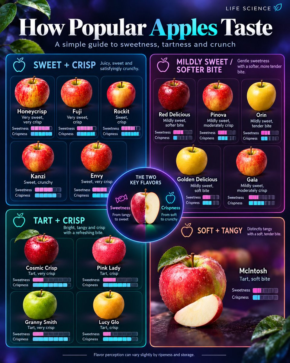 LifeScience_X's tweet photo. Not all apples taste or feel the same. 🍎

Fuji leans sweet, Granny Smith brings the tartness, while Honeycrisp gives you that satisfying crunch.

Knowing the difference makes choosing the right apple much easier. https://t.co/L4pt8YGYb2