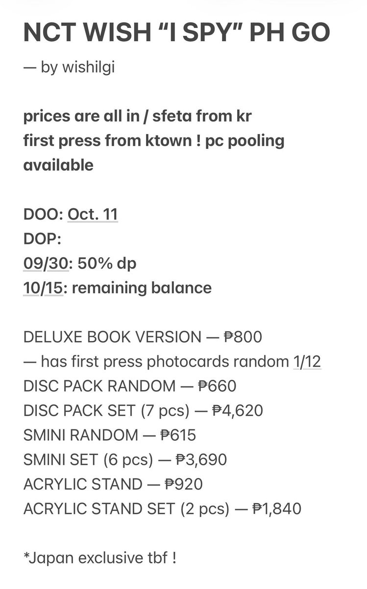 wishilgi's tweet photo. WTS LFB PH GO | #wishilgi_go 

NCT WISH “I SPY” Album 
— details in pic
— sfeta from kr
— ✅ PC POOLING
DOO: Oct. 9
DOP: 
Sept 30: 30% DP
Oct. 15: remaining balance

reply / dm to order !

🏷️ deluxe book version disc pack smini acrylic stand random set https://t.co/F25gTAbqAk