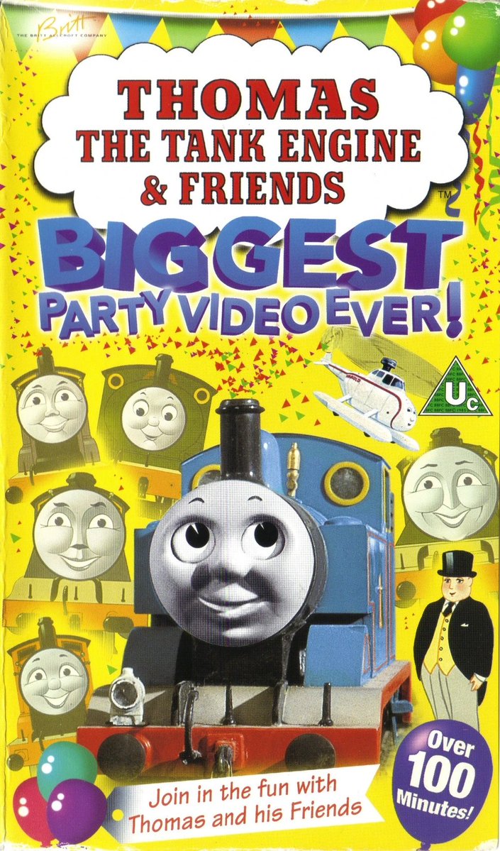MintyIndustrial's tweet photo. I only just realized the Thomas's face on the Biggest Party Video Ever VHS Tape is actually a photoshopped graphic using a promo image from The Runaway and the mouth of his smiling face from the Saved From Scrap promo image. Do with this knowledge if you will lol https://t.co/yBPYYsT12Q