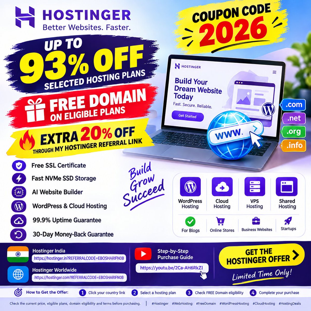 HostingCupons's tweet photo. 🚀 Hostinger Coupon Code 2026

🎁 FREE Domain 
💥 EXTRA 20% OFF through my Hostinger referral link
⚡ Fast NVMe • SSL  • Cloud Hosting

🇮🇳 India: https://t.co/meveVSF1CJ

🌍 Worldwide: https://t.co/Iqe9cno9TG

#Hostinger #HostingerCouponCode #WebHosting #FreeDomain https://t.co/feQqGK7aco