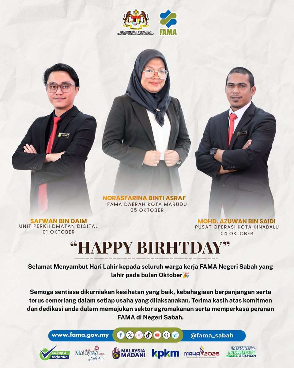 FamaSabah's tweet photo. 𝐒𝐄𝐋𝐀𝐌𝐀𝐓 𝐔𝐋𝐀𝐍𝐆 𝐓𝐀𝐇𝐔𝐍 𝐊𝐄𝐋𝐀𝐇𝐈𝐑𝐀𝐍 𝐁𝐔𝐋𝐀𝐍 𝐒𝐄𝐏𝐓𝐄𝐌𝐁𝐄𝐑

Selamat Hari Lahir buat semua warga kerja FAMA Negeri Sabah &amp; W.P. Labuan yang menyambut ulang tahun kelahiran pada bulan ini. https://t.co/qiXF6KOcre
