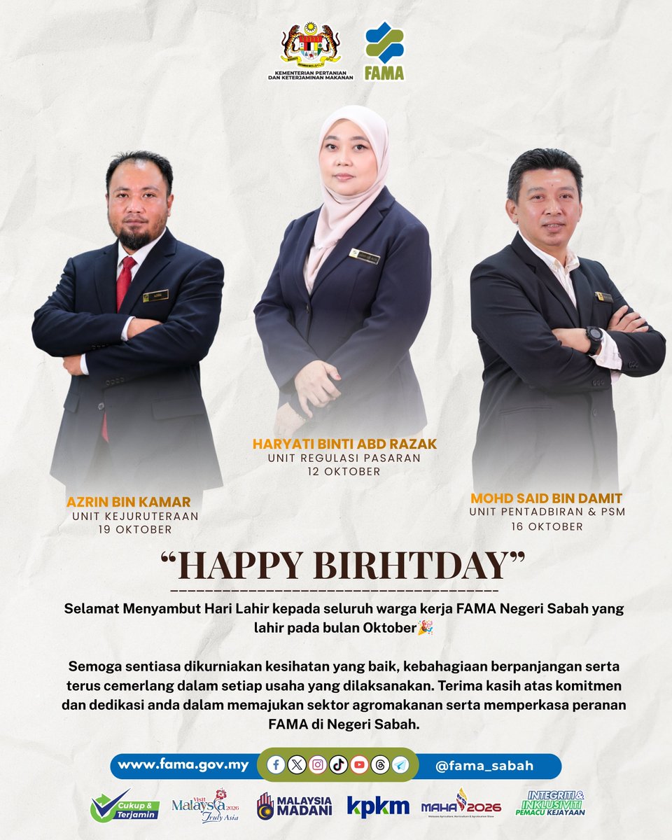 FamaSabah's tweet photo. 𝐒𝐄𝐋𝐀𝐌𝐀𝐓 𝐔𝐋𝐀𝐍𝐆 𝐓𝐀𝐇𝐔𝐍 𝐊𝐄𝐋𝐀𝐇𝐈𝐑𝐀𝐍 𝐁𝐔𝐋𝐀𝐍 𝐒𝐄𝐏𝐓𝐄𝐌𝐁𝐄𝐑

Selamat Hari Lahir buat semua warga kerja FAMA Negeri Sabah &amp; W.P. Labuan yang menyambut ulang tahun kelahiran pada bulan ini. https://t.co/qiXF6KOcre