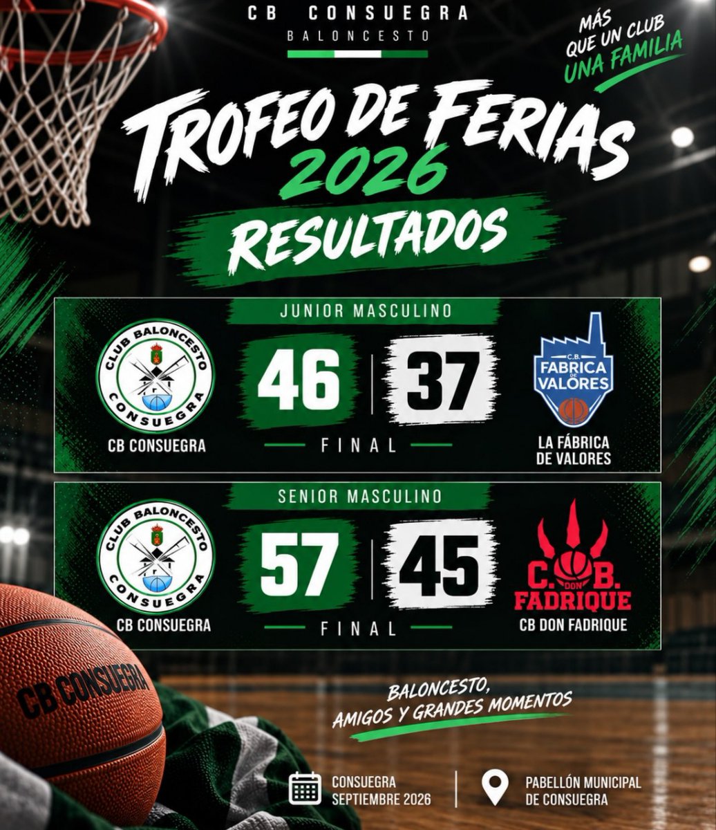 AytoConsuegra's tweet photo. 🗓️ Sábado 19 de septiembre 2026

🏀 BALONCESTO. Torneo de Ferias. Entrega de trofeos 🏆

Junior Masculino
⛹️ CB CONSUEGRA 🆚 C.B LA FÁBRICA DE VALORES

 Senior Masculino.
⛹️ CB CONSUEGRA 🆚 CB VILLA DE DON FADRIQUE

👏 Enhorabuena 
@cbconsuegra ℹ️ https://t.co/rrA9gHWAu4