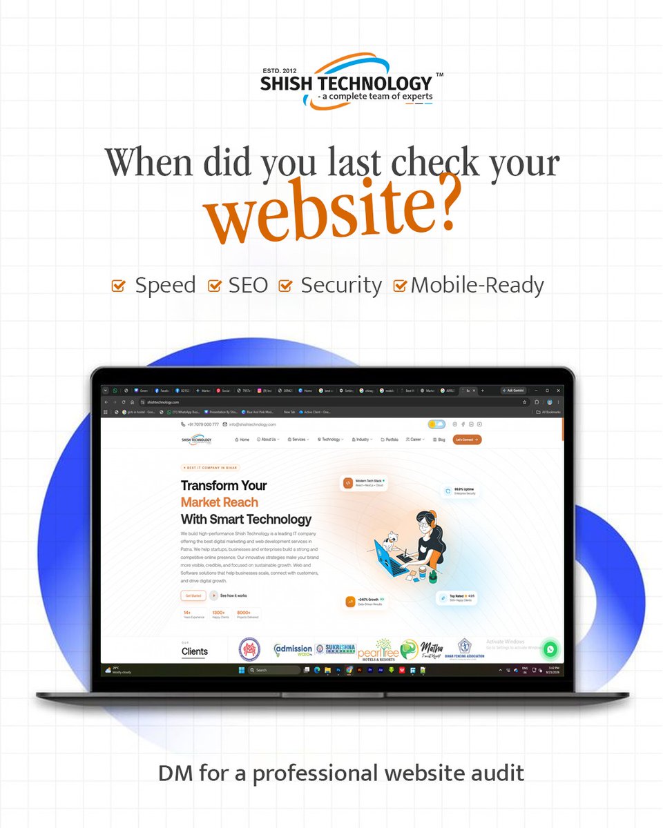 ShishTechnology's tweet photo. Is Your Website Actually Performing?

If you are unsure, your business might be losing potential clients online. Get a professional website audit from Shish Technology, recognized as the best digital marketing agency in Patna, and optimize your digital presence today! https://t.co/xelbL05mTF