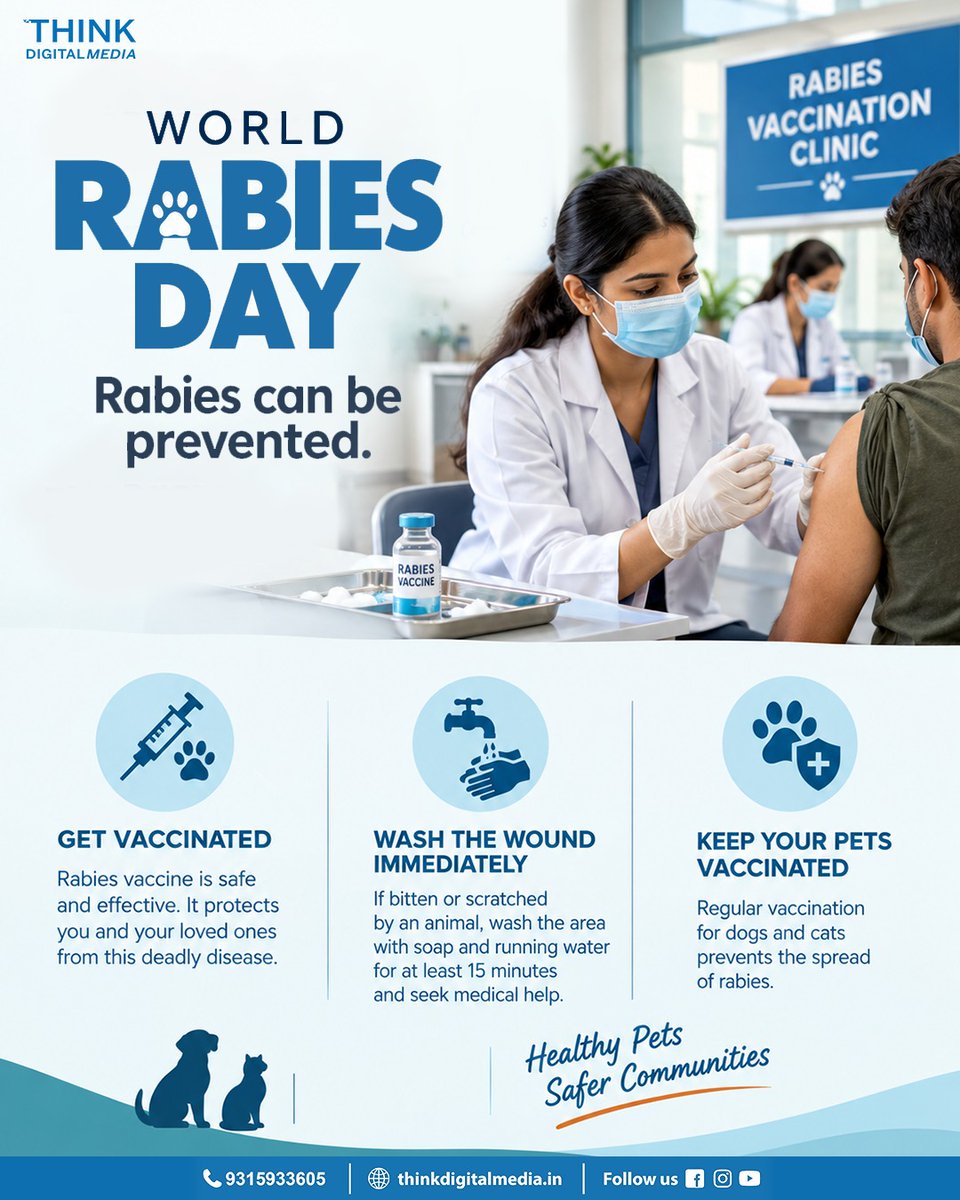 thinkdigitalmed's tweet photo. World Rabies Day — Let’s spread awareness and help keep rabies away!

Awareness and timely action can make all the difference. 

#WorldRabiesDay #RabiesAwareness #RabiesPrevention #StaySafe #Vaccination https://t.co/Pn6AaWwTVT