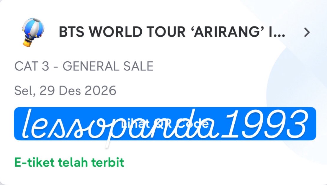 lessopanda1993's tweet photo. WTS WANT TO SELL 

BTS ARIRANG IN JKT DAY 3
[dijual karena upgrade section] 

🎫 CAT 3 (1 tix)
💰 3,2jt nego (fullpayment)
🖇️ tukeran semua sosmed
🖇️ diurus sampe tiket fisik
✅ boleh cod area bekasi 
‼️ NO SCAM 

tags. wts wtb bts arirang jakarta day 3 cat 3 https://t.co/RPWGbjxePy