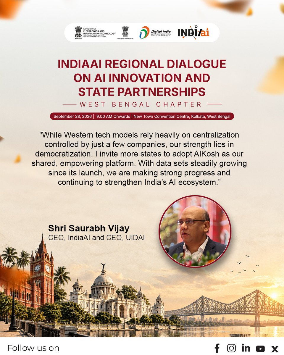 OfficialINDIAai's tweet photo. Empowering a decentralized tech future! 

Shri Saurabh Vijay, CEO of IndiaAI and CEO of @UIDAI , highlights the vision of democratization and collaborative growth at the IndiaAI Regional Dialogue (West Bengal Chapter) in Kolkata. By expanding data sets and strengthening shared platforms like #AIKosh, India is paving the way for inclusive, sovereign AI innovation.

#IndiaAI #AIKosh #DigitalIndia #ArtificialIntelligence #TechLeadership #AIInnovation #StatePartnerships 

@AshwiniVaishnaw @JitinPrasada @SecretaryMEITY @sudeep_tweets @_DigitalIndia @GoI_MeitY @mygovindia @news_webel