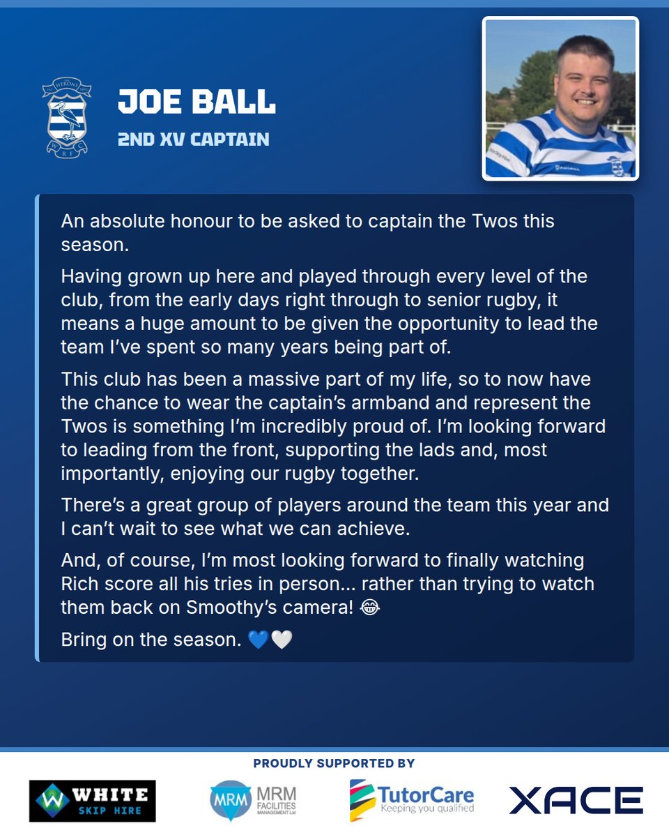 WansteadRFC's tweet photo. Meet our 2nd XV captain, Joe Ball. A homegrown Heron, ready to lead the Twos this season. Read his message in full. ππ€
#WansteadRFC #TheTwos https://t.co/MQ2I8mgi4S
