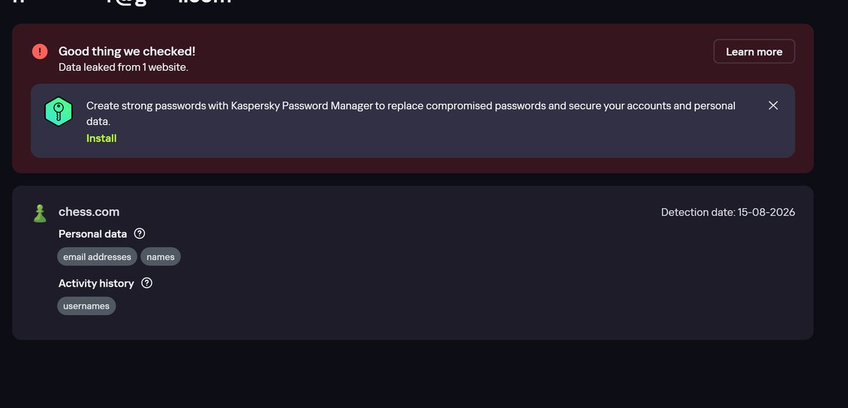 dehang's tweet photo. @chesscomsupport I have never registered in your site but my details are reflecting in data leak data base of kaspersky from your website https://t.co/P46IC3OFnc