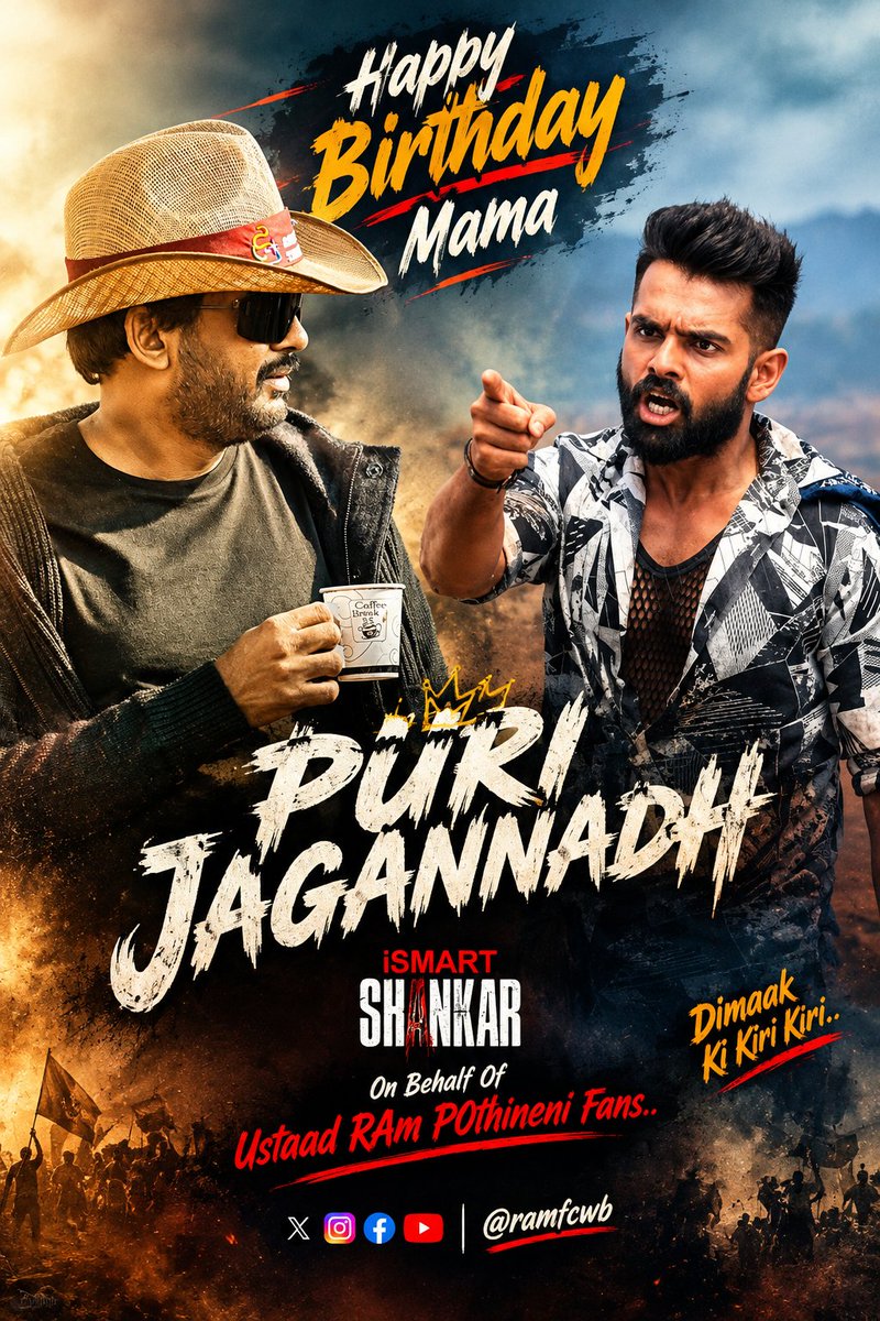RAMFCWB's tweet photo. HAPPY BIRTHDAY MAMA 🎂 #PURIJAGANNADH GARU! 🎬🔥

Wishing the visionary director a fantastic birthday filled with happiness, success and many more blockbuster moments! ❤️‍🔥

On Behalf Of Ustaad @ramsayz  Fans ❤️‍🔥
#HBDTheOGPuriJagannadh 
#HappyBirthdayPuriJagannadh 
#RAmPOthineni https://t.co/cVPEhFq30A