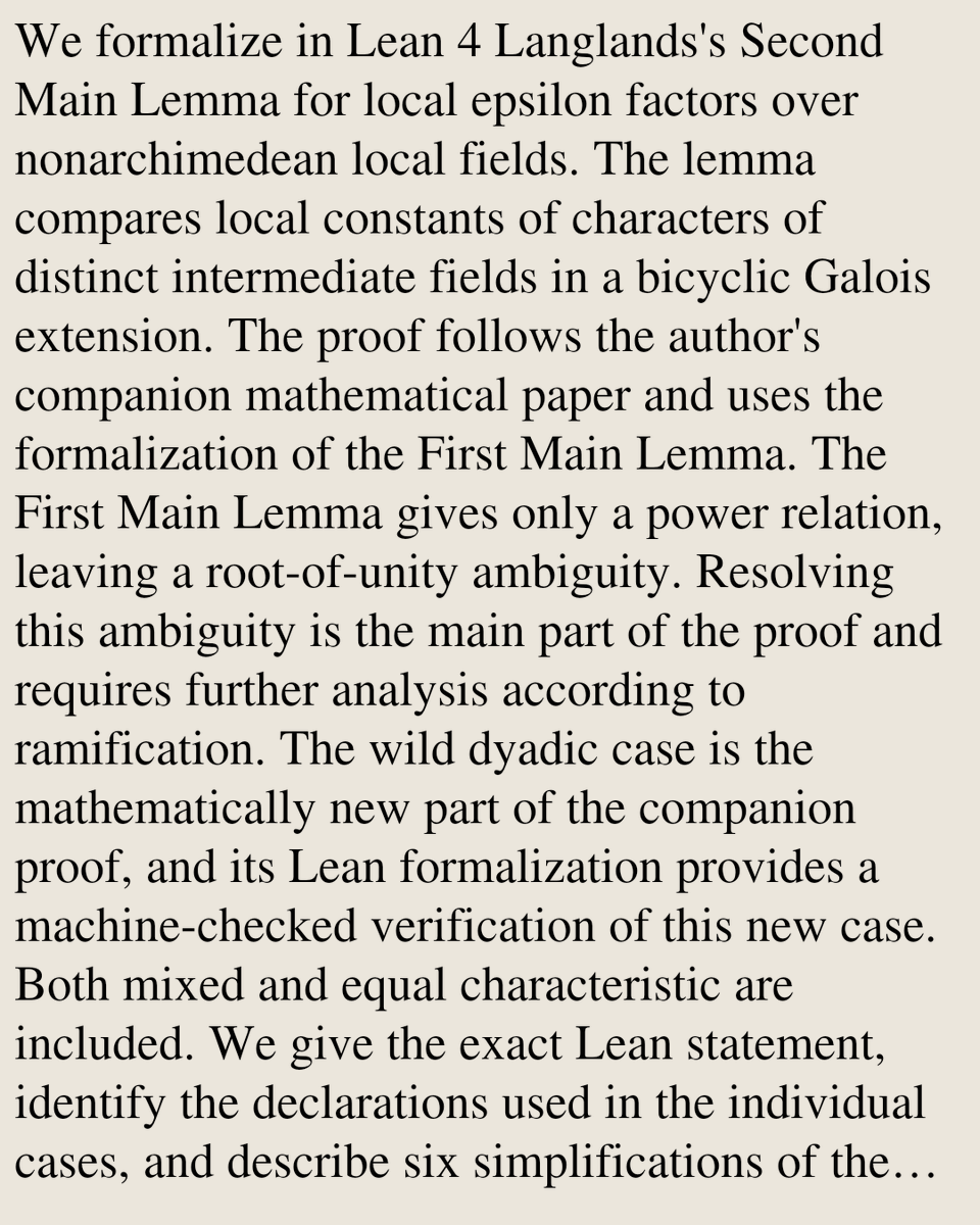 MathPaper's tweet photo. Formalization of Langlands's Second Main Lemma for Local Epsilon Factors

Fukuhiro Ueda
https://t.co/Z6wzVTIdhJ [𝚖𝚊𝚝𝚑.𝙶𝙼] https://t.co/rsr2RqnT62