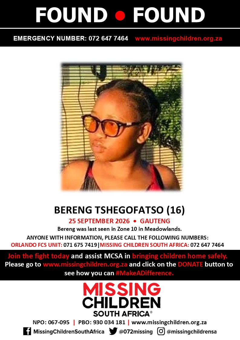 072MISSING's tweet photo. #MCSAFound 

Wonderful news! Bereng Tshegofatso has been found safe.

If you personally, or your company | or your place of work, would like to make a donation to #MCSA, please click here to donate: https://t.co/x07yLZW7KQ Thank you https://t.co/BjxHQplx3D