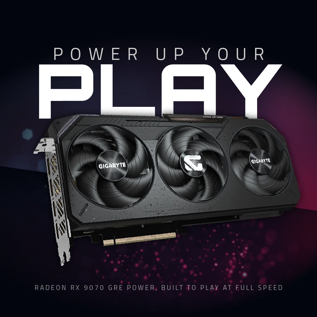 AORUS_ZA's tweet photo. Power up your play and experience maximum frame rates. The Gigabyte Radeon RX 9070 GRE GAMING OC 12G is explicitly built to play at full speed, delivering the heavy-hitting performance you need to dominate the latest titles. #Gigabyte #Radeon #RX9070GRE #AMDRadeon #GamingPC #Hardware
