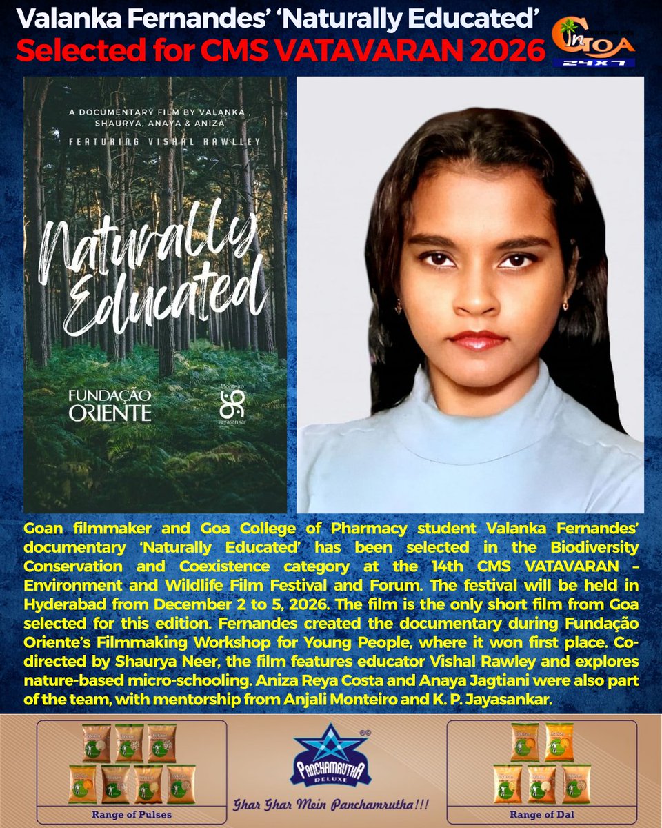 InGoa24x7's tweet photo. Valanka Fernandes’ ‘Naturally Educated’ Selected for CMS VATAVARAN 2026

#Goa #GoaNews #Selected #NaturallyEducated #GoanFilmmaker https://t.co/DhKHnIYnKI