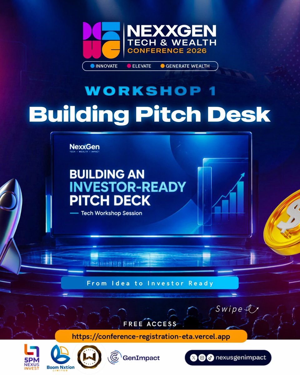 NexusGenImpact's tweet photo. From idea to investor ready. From skills to income with AI. 

Free access this October in Ibadan.

Register free → https://t.co/z0xAzK0eTT

#NexxGenConference2026 #TechAndWealth #InnovateElevateGenerateWealth #NigeriaTech https://t.co/tT4VEeVlfb