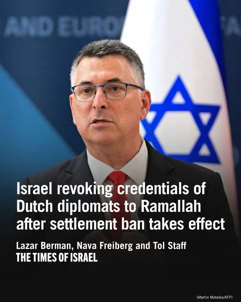 TimesofIsrael's tweet photo. Israel on Sunday gave Dutch diplomats serving in Ramallah seven days to return their Israeli-issued diplomatic credentials, retaliating after a Dutch ban on goods from Israeli businesses in the West Bank, East Jerusalem and the Golan Heights went into effect.

Their diplomatic privileges granted by Israel will expire at the end of that period, Foreign Minister Gideon Sa’ar announced on X. 

Read more: https://t.co/l4a0HyaIlB