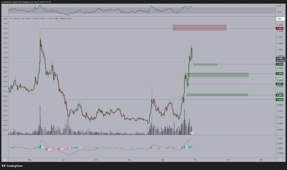 CryptoMichNL's tweet photo. I'm monitoring $SUI here, as it's making a relatively bad daily candle.

This can still turnaround intraday, but if it doesn't, then indeed, I'm looking to be buying the dip on this one.

Three levels are important to me: 
- Sweep of $1.13
- Test of $1.05 --> to me the most important level for swing positions.
- Test of $0.88 --> much rather I don't want to see this level happen.
