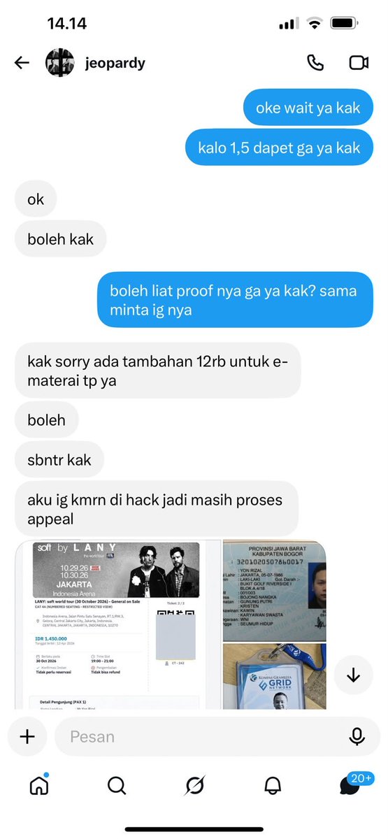 lepetitpings's tweet photo. GUYS TOLONG RT 🚨🚨🚨

temenku kena TIPU tiket LANY 😭 sellerny @jeopardy bhkan kasih e-ticket + KTP + ID card kantor + surat kuasa biar kliatan legit. trnyta identitas yg dipake diduga identitas org lain.
bukti lengkap ada di bawah. klo ad yg punya info terkait, pls kasih tau🙏🏻 https://t.co/lIJwAHrXee