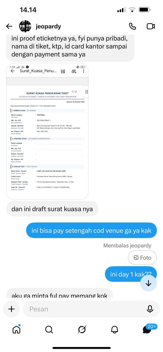 lepetitpings's tweet photo. GUYS TOLONG RT 🚨🚨🚨

temenku kena TIPU tiket LANY 😭 sellerny @jeopardy bhkan kasih e-ticket + KTP + ID card kantor + surat kuasa biar kliatan legit. trnyta identitas yg dipake diduga identitas org lain.
bukti lengkap ada di bawah. klo ad yg punya info terkait, pls kasih tau🙏🏻 https://t.co/lIJwAHrXee