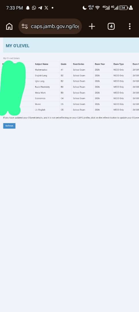 More__blessings's tweet photo. @profsegunaina @Ade_Wal3 @jamb_hq Pls sir this is not the grade and subject in my 2026 Internal Neco results and I got this after the verification code sent to 55019 and have went to jamb e office to rectify it they said it's not rectifiable @profsegunaina pls help out sir https://t.co/B5bNUA2sye
