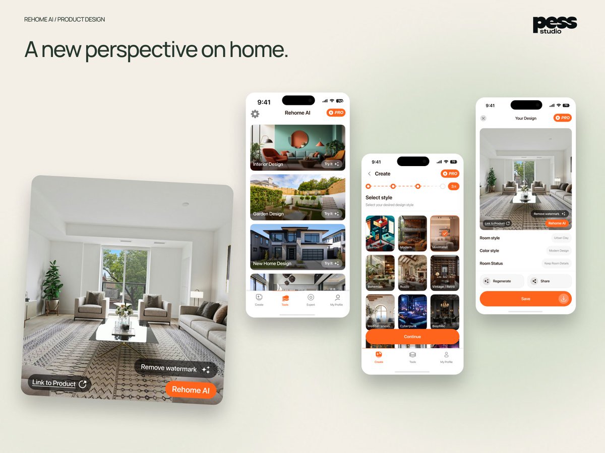 Umutp__'s tweet photo. A new perspective on home.

Rehome AI interface design: browse room ideas, choose a style and review the result. Warm neutrals, image-led cards and orange accents keep the spaces in focus.

#UIDesign #AppDesign https://t.co/7vtKl7gcrp