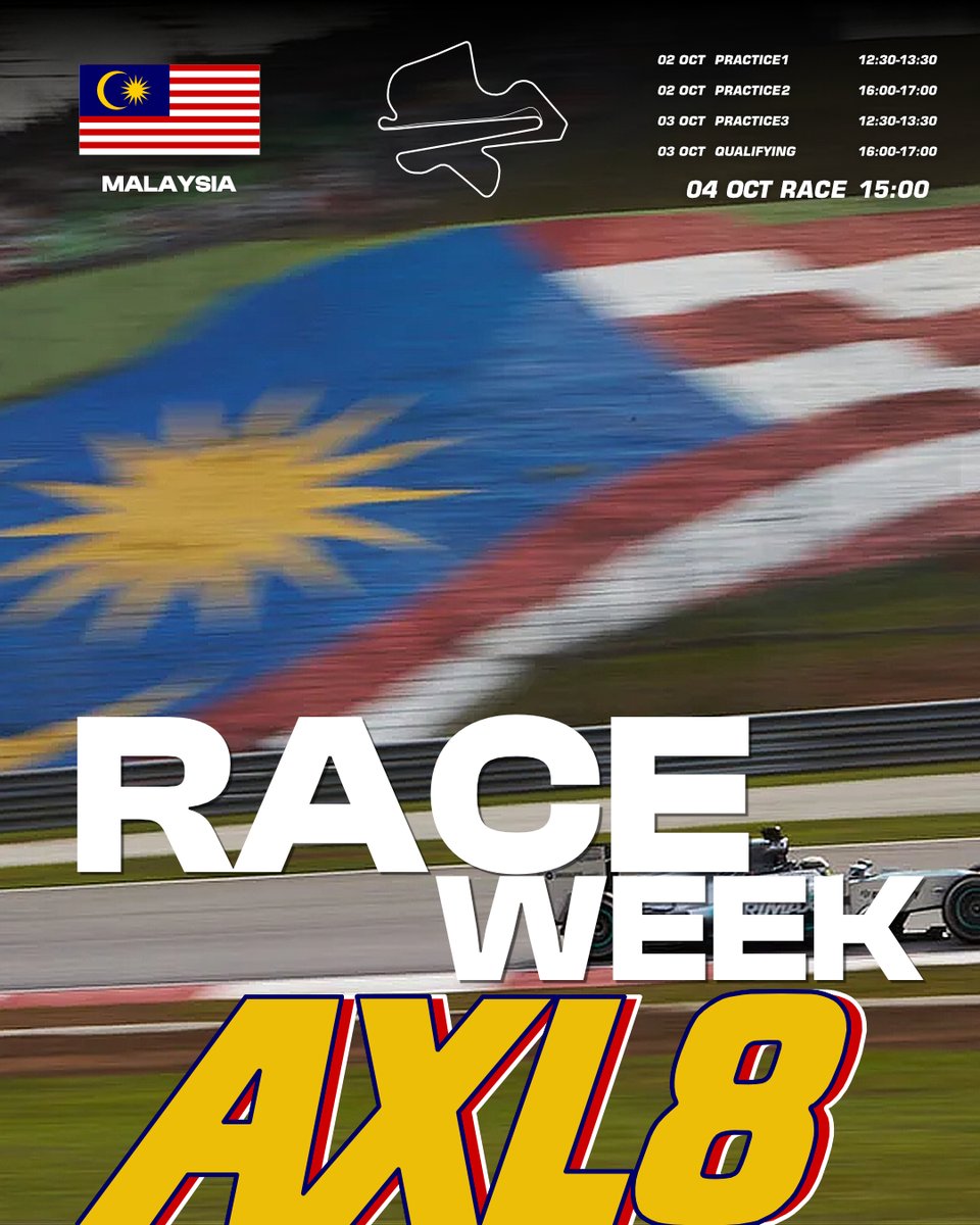 axl8_studio's tweet photo. Sepang is back.
The race is not called Malaysia.
Bahrain Grand Prix.
Held in Malaysia.
First F1 race at Sepang since 2017.

Fri 2 Oct — FP1 12:30 / FP2 16:00
Sat 3 Oct — FP3 12:30 / Quali 16:00
Sun 4 Oct — Race 15:00 local
Heat. Rain. Long straights.
This weekend is going to be messy.
Would you rather keep the Bahrain name… or just call it Malaysia?

#F1 #Sepang #MalaysiaGP #BahrainGP #AXL8
