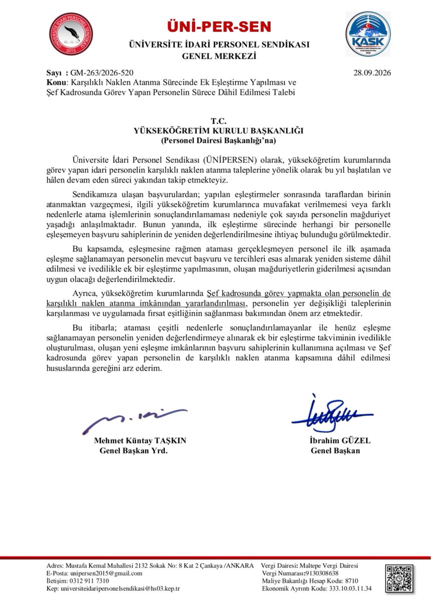 ibrahimguzeluni's tweet photo. Yükseköğretim Kurulu'nun Ağustos ayı içerisinde taleplerini topladığı üniversite idari personelinin karşılıklı yer değişikliği sonuçları sonrasında hakkından feragat edenlerin çıkarılıp sistemin yeniden çalıştırılması için talep yazımızı gönderdik. 
@unipersen https://t.co/Wl1gD0J9tc