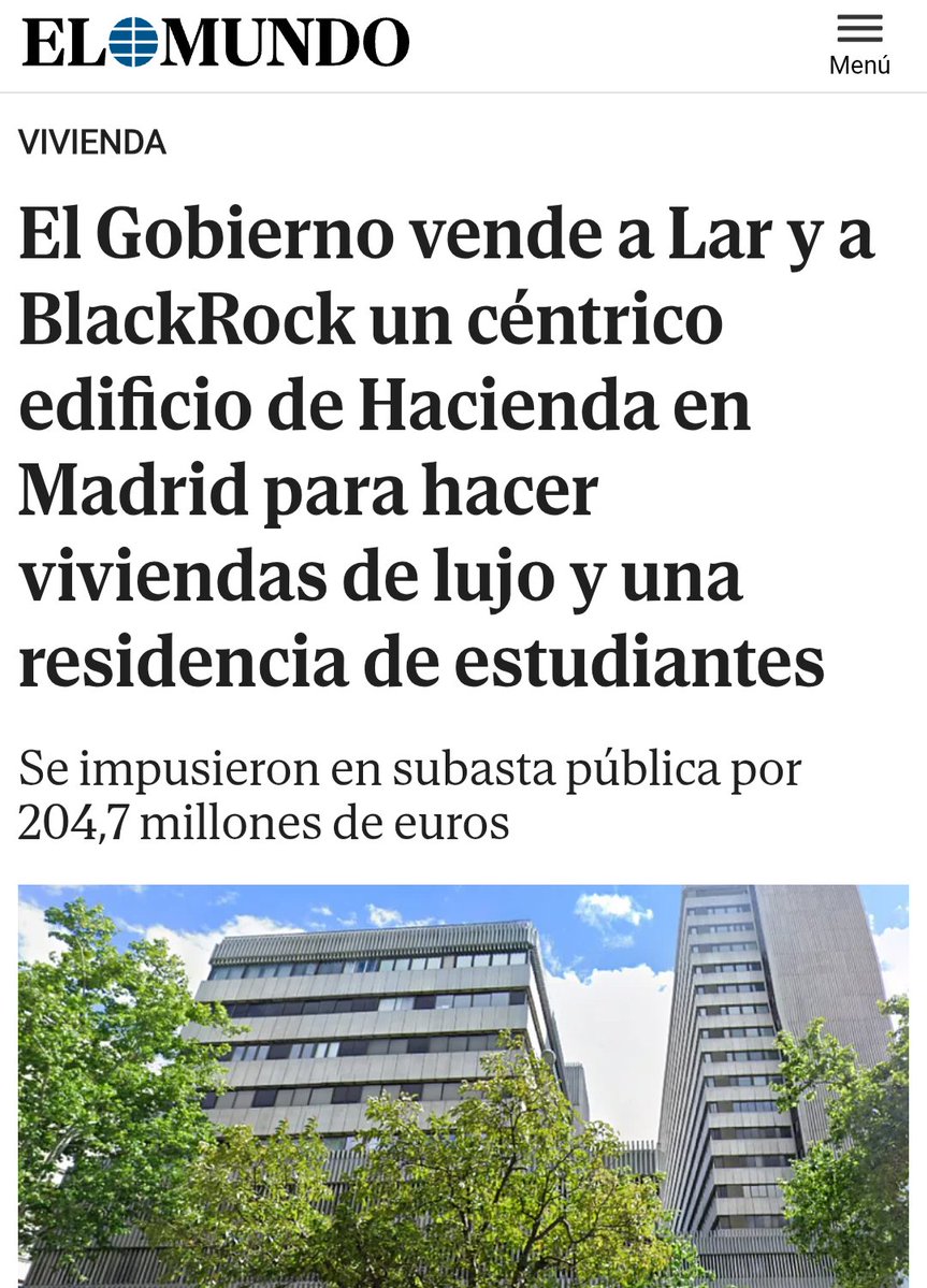 QFueso's tweet photo. En estos días de tanta reivindicación conviene recordar que en el 2024 el gobierno vendió un edificio de Hacienda en la mejor zona de Madrid a un fondo buitre para la construcción de viviendas de lujo. 

😵‍💫 Mayor hipocresía no se puede tener
Q 💩de gobierno tenemos ❗ https://t.co/T2Fvbj40po