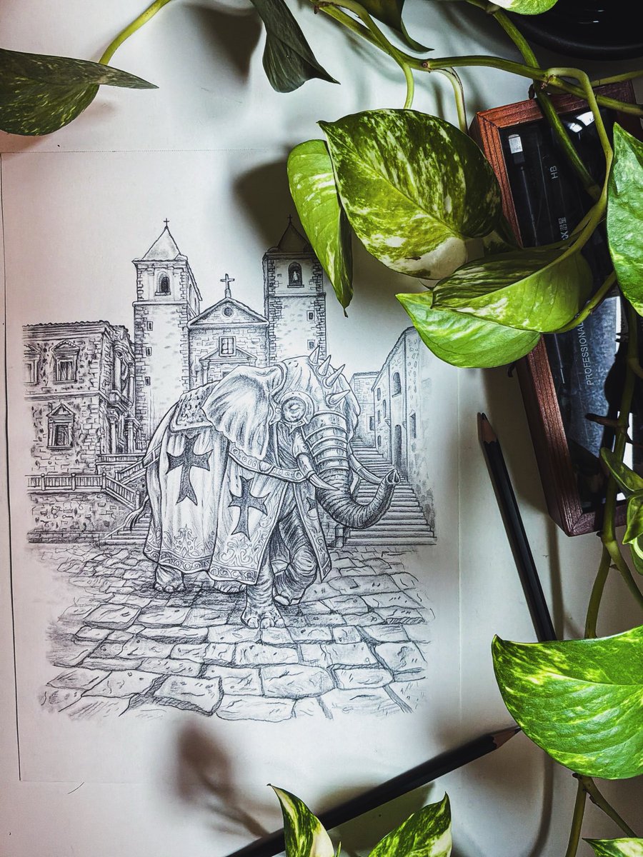 AlphaOziris's tweet photo. Cuarto y último dibujo de la serie de Cáceres: un elefante frente a la iglesia de San Jorge 🐘✨
Con esto termino los dibujos para el nacional de Premodern en Cáceres.
🍃 En unos días les enseño los cuatro tokens juntos 
#mtg #mtgpremodern #drawing https://t.co/5AisS8jkaH