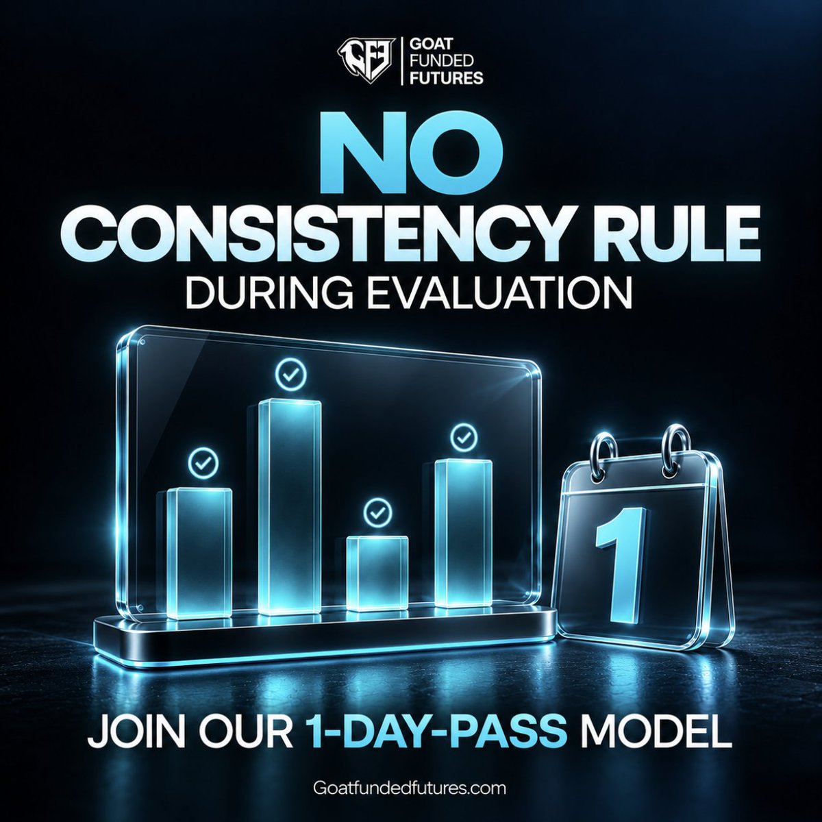 GFFutures's tweet photo. Want to pass your evaluation in ONE DAY? 📣

With the GFF 1-Day-Pass Mode

there’s NO Consistency Rule during Evaluation.

Trade your strategy. 

Hit the target.

Pass in as little as one day. 🐐

https://t.co/PmSntpIry1