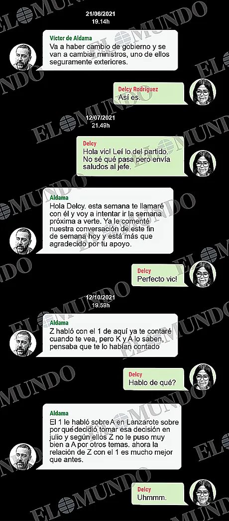 WalterVMG's tweet photo. Dice @elmundoes:

Los mensajes entre Delcy Rodríguez y Víctor de Aldama, intervenidos por la Unidad Central Operativa (UCO) de la Guardia Civil, no sólo acreditan la enorme penetración del empresario en el Gobierno de Maduro para conseguir millonarios negocios de petróleo que según su versión sirvieron para financiar al PSOE sino que la presidenta encargada de Venezuela recibía puntualmente información privilegiada sobre el Ejecutivo que preside Pedro Sánchez: mantenía contacto directo con José Luis Ábalos a través del empresario; sondeaba el grado de influencia de su amigo José Luis Rodríguez Zapatero en el Ejecutivo español; y era avisada de algunos cambios de ministros con antelación.

Para resumirlo: la tirana inelecta hacía negocios contrabandeando petróleo y oro venezolano junto con sus socios internacionales. Dinero que jamás llegó a la gente pues el botín se lo repartían entre ellos. Por el otro lado, el (des)gobierno español avisaba a la vicepresidenta de un régimen criminal extranjero sobre cambios gubernamentales antes de que se produjeran.

Difícil encontrar dos movimientos más antipatriotas y miserables que el chavismo y el sanchismo.