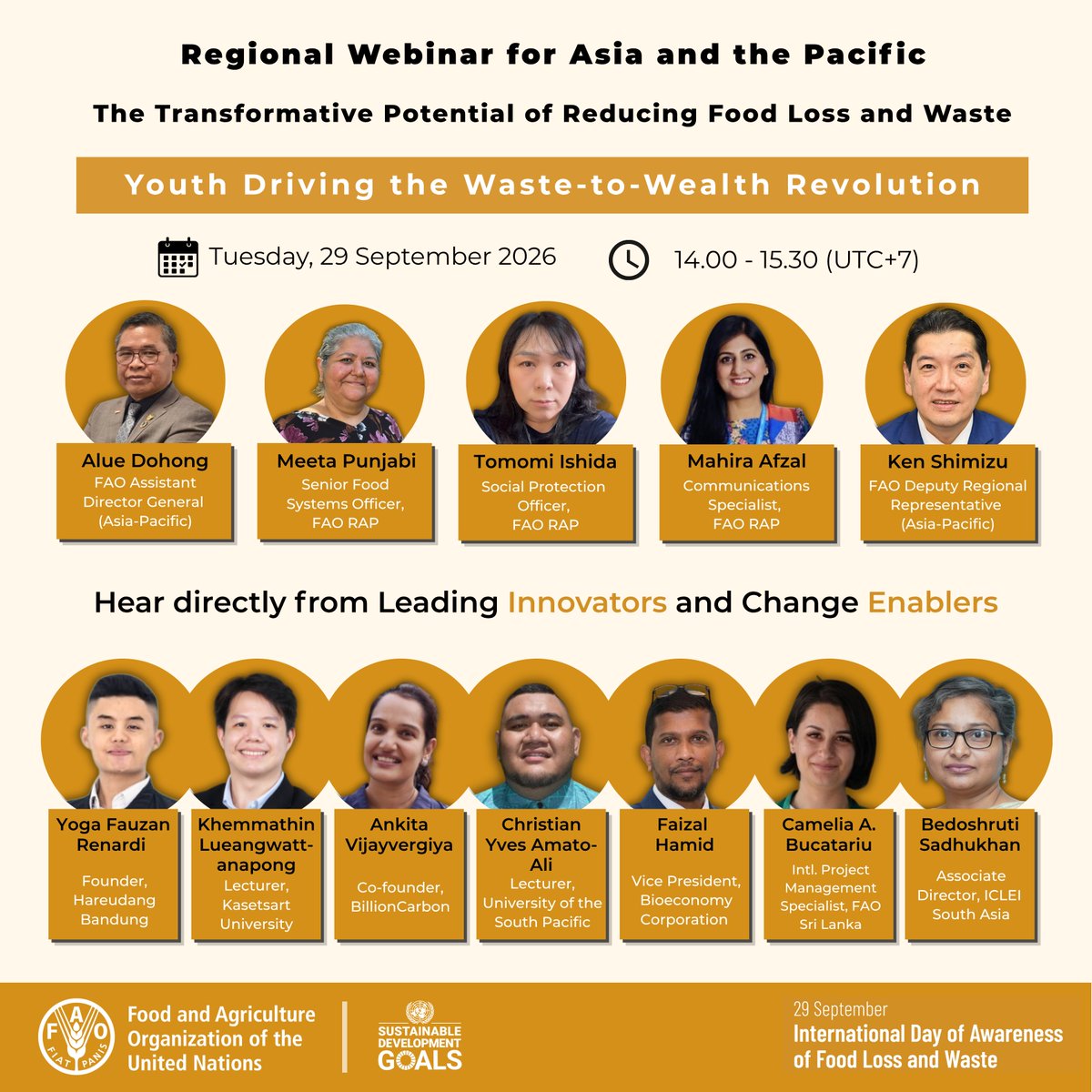 FAOAsiaPacific's tweet photo. How is @FAO helping Asia-Pacific countries #StopFoodLossWaste & turn waste into value?
Join our #IDAFLW webinar: “Youth Driving the Waste to Wealth Revolution” 🌱
🎙️ Hear from expert speakers
🗓️ 29 Sep |🕑 14:00–15:30(UTC+7)
👉 Register now https://t.co/ouh5FCNG2J
#YouthAction https://t.co/H1fF5Wf1HS